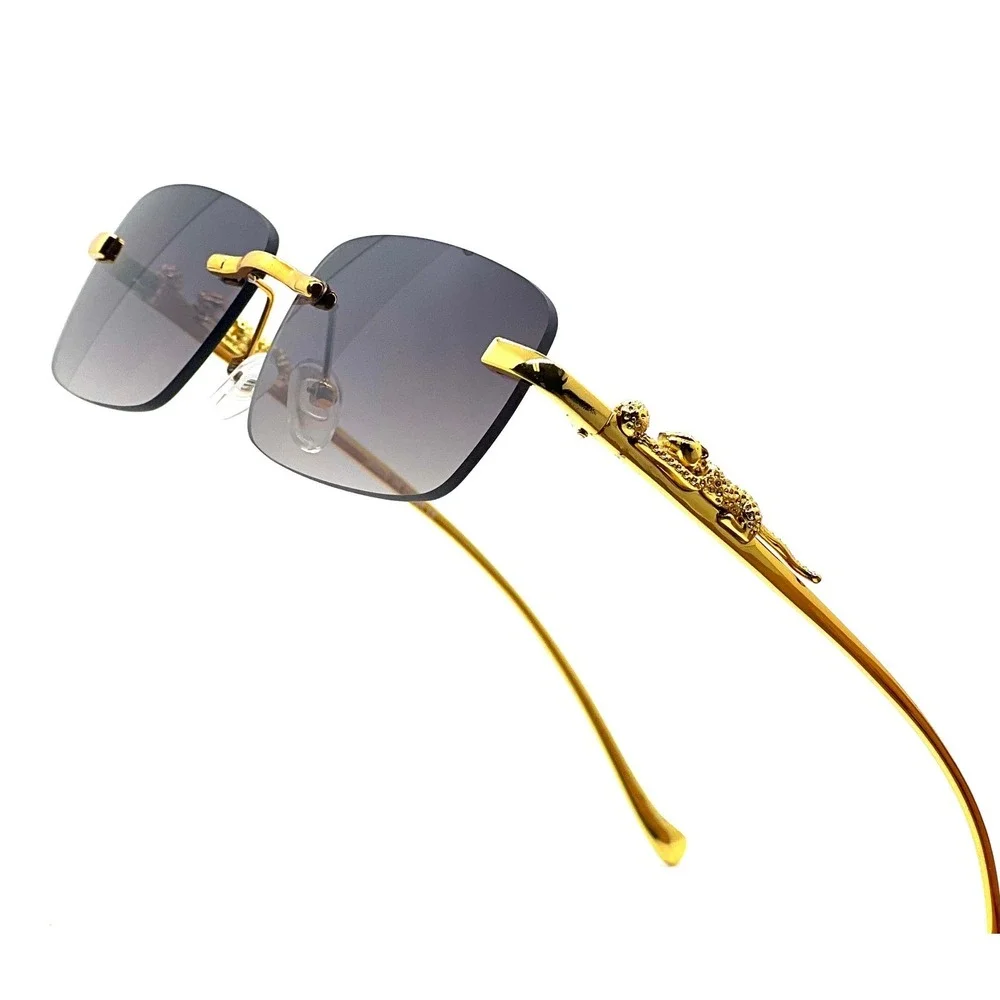 Men Sunglasses Gold Accents Rectangle Frameless Hip Hop Street Trendy Wear Gafas